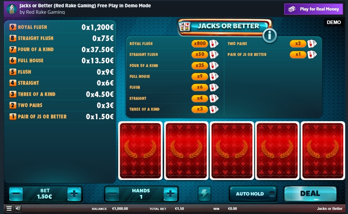 Video poker game with winning hands and cards